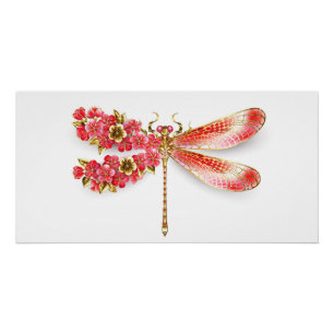 Póster Flor libélula con sakura de joyas