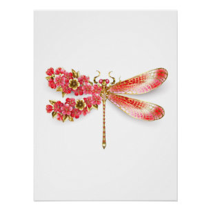 Póster Flor libélula con sakura de joyas