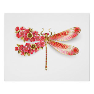 Póster Flor libélula con sakura de joyas