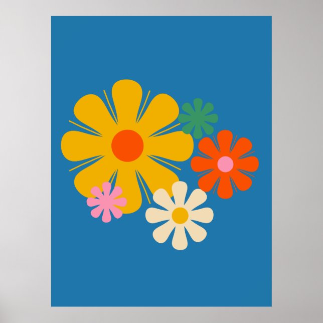 Póster Flor Locus Reto 60's 70s Floral sobre azul (Frente)