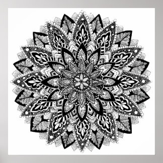 Póster Flor Mandala blanco y negro