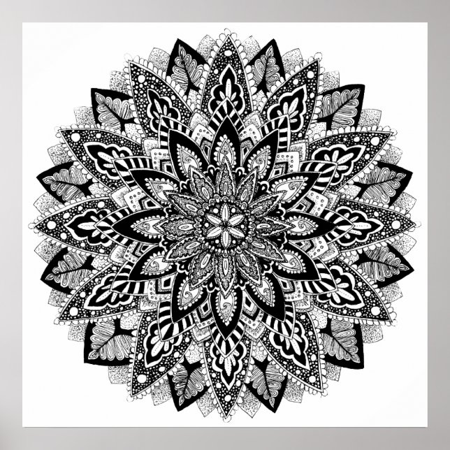 Póster Flor Mandala blanco y negro (Frente)