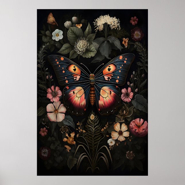 Póster Flor Mariposa Oscura, Estampa de pared de polilla  (Frente)