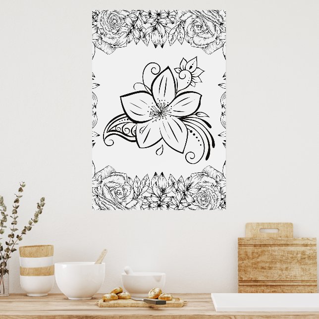 Póster Flor monocroma, pintura gráfica (Cocina)