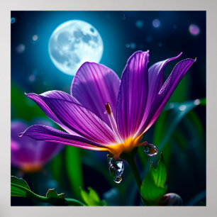 Póster Flor morada iluminada por luz de la luna