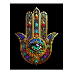 Póster Flor Pétalos Color de Pavo Real Hamsa Verde Tercer