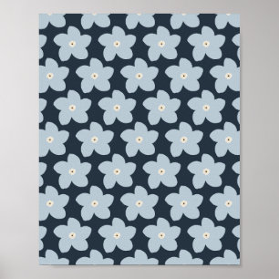Póster Flor Retro Azul Claro y Azul Marino