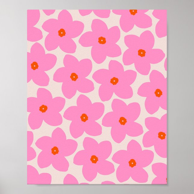 Póster Flor Retro Rosa Naranja Y Neutro (Frente)