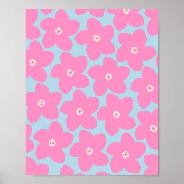 Póster Flor Retro Rosa Y Azul (Frente)