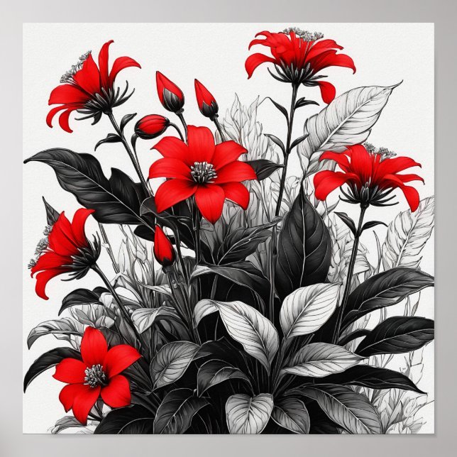 Póster Flor Roja Sobre La Planta Blanca Negra (Frente)