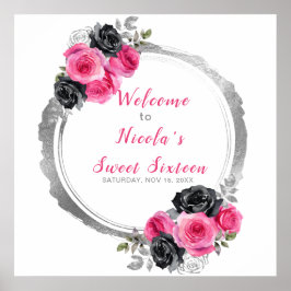 Póster Flor rosa caliente y plateada elegante dulce dieci