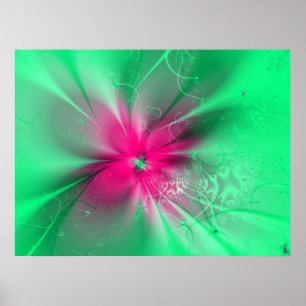 Póster Flor rosa de fantasía sobre verde, poster