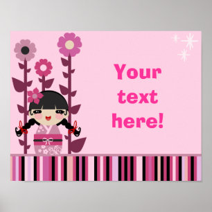 Póster Flor rosa dulce Kokeshi