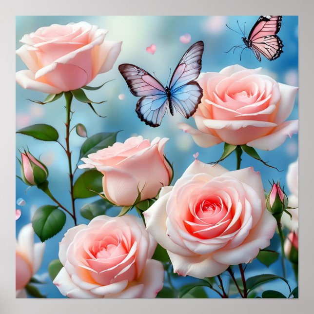 Póster Flor rosa rosa suave mariposa azul (Frente)