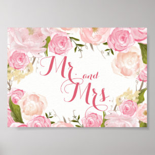 Póster flor rosa RÓTULO de ducha de novia Sr. y Sra.