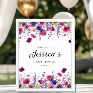 Póster Flor silvestre, Baby Shower morado-rosada