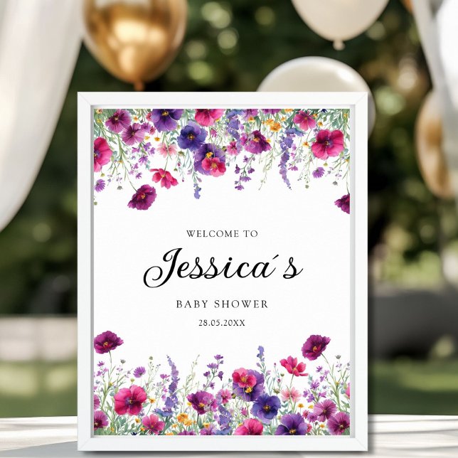 Póster Flor silvestre, Baby Shower morado-rosada (Elegant, White, Minimal Wedding Welcome Poster, Pink, Purple, Wildflowers with your Name & Date.)