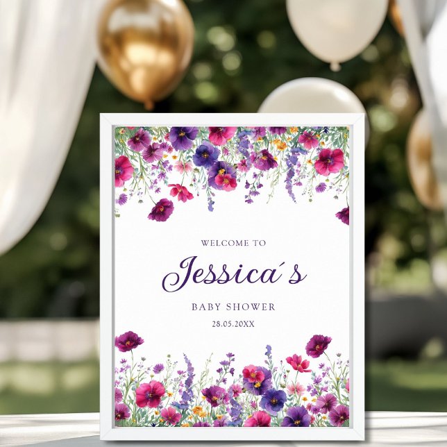 Póster Flor silvestre, Baby Shower morado-rosada (Baby Shower Welcome Poster, Pink, Purple, Wildflowers with your Name & Date.)