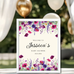 Póster Flor silvestre, Baby Shower morado-rosada