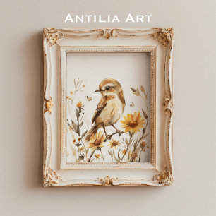 Póster Flor silvestre de pintura de pájaro de color acuát