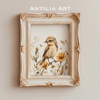 Póster Flor silvestre de pintura de pájaro de color acuát
