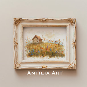 Póster Flor silvestre Pintando una cabaña rústica