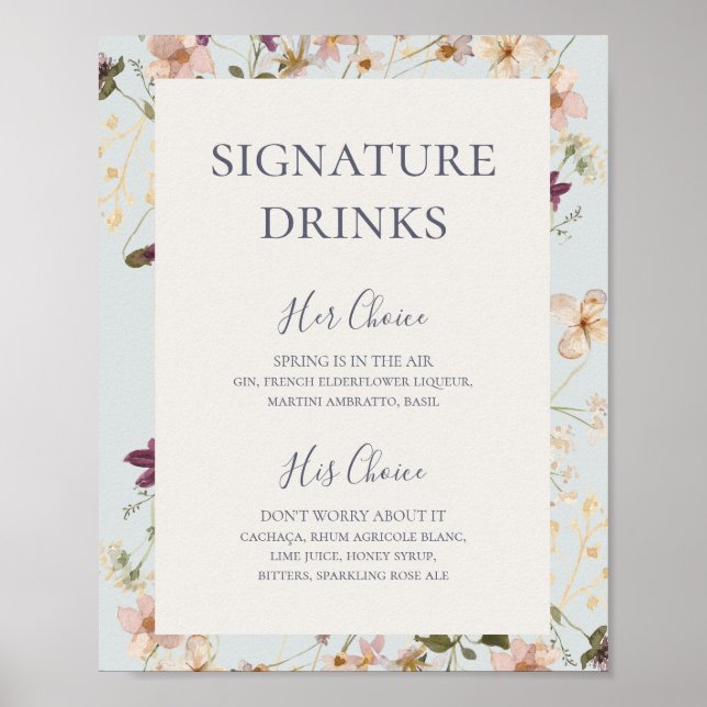 Póster Flor silvestre primavera | Bebidas con firma azul  (Frente)