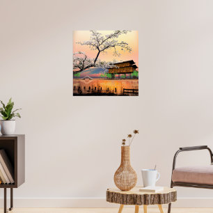 Póster Flor Tranquila: Atardecer sobre una casa lacustre