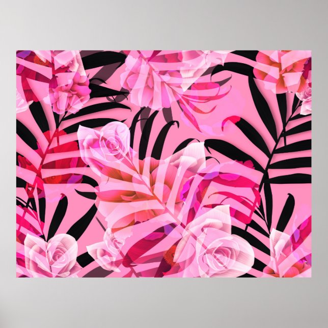 Póster Flor tropical sin foco, planta y patrón de hojas b (Frente)