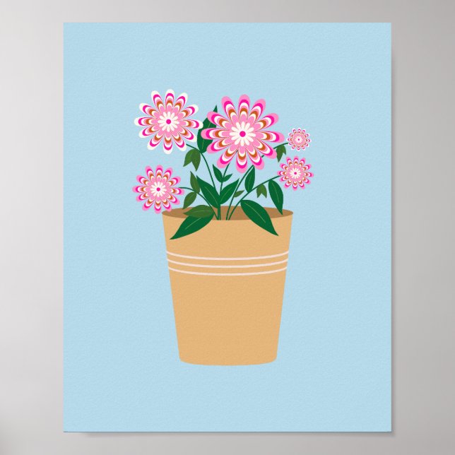 Póster Flor Vase Rosa Y Azul Preppy (Frente)