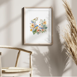 Póster Flor y acuarela de aves