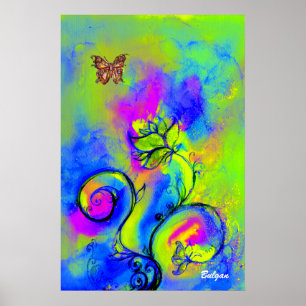 Póster FLOR Y MARIPOSAS CAPRICHOSAS azul verde amarillo