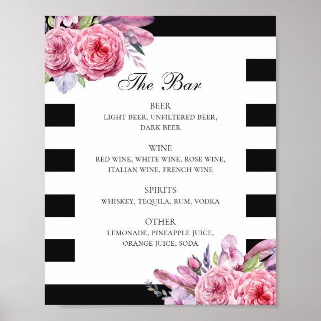 Póster Flor y plumas de boho negro y blanco bar boda (Frente)