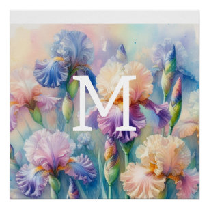 Póster Flora acuarela monograma flores de iris púrpura