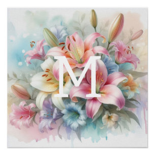 Póster Flora acuarela monograma lirios rosados flores