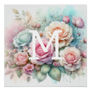 Póster Flora acuarela monogramo rosas rosas flores