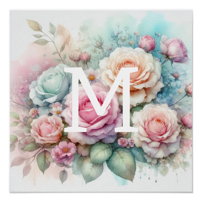 Póster Flora acuarela monogramo rosas rosas flores (Anverso)