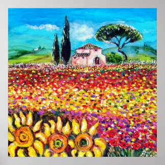 Póster FLORA EN TOSCANA/ Campos, Cachorros y girasoles