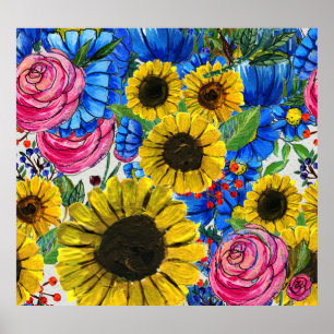 Póster Flora rosa amarilla azul sin soldadura