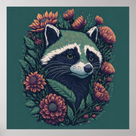Póster Flora Verde Raccoon vintage.