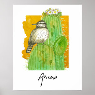 Póster Floración del Saguaro de Arizona Cactus Wren Ave
