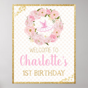 Póster Floral 1 cumpleaños Ballerina Bienvenida Rótulo Po