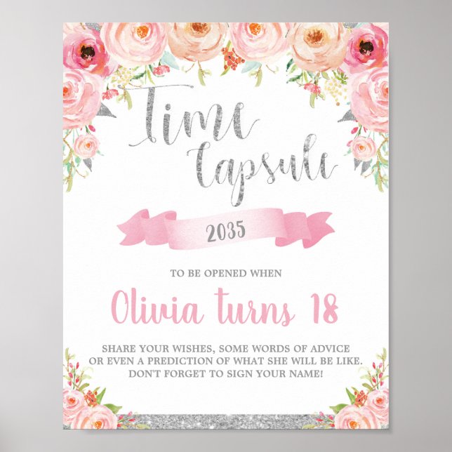Póster Floral 1er cumpleaños Actividad de la cápsula (Frente)