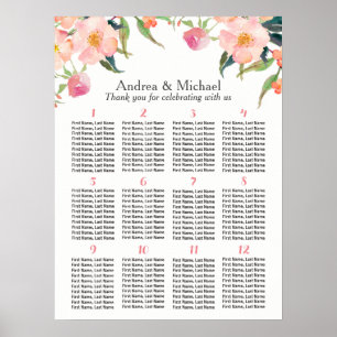 Póster Floral acuarela 12 tablas Boda gráfico de asientos