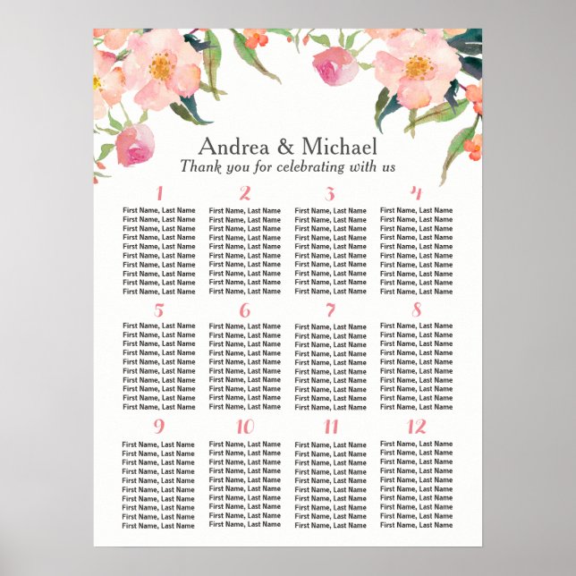 Póster Floral acuarela 12 tablas Boda gráfico de asientos (Frente)