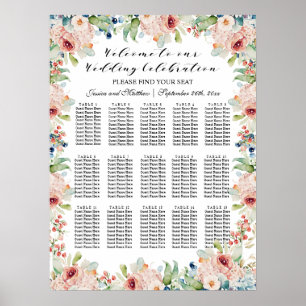 Póster Floral acuarela 15 mesas Boda asiento