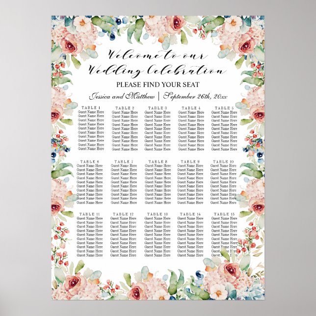 Póster Floral acuarela 15 mesas Boda asiento (Frente)