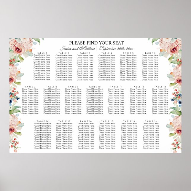 Póster Floral acuarela 19 mesas Boda asiento (Frente)