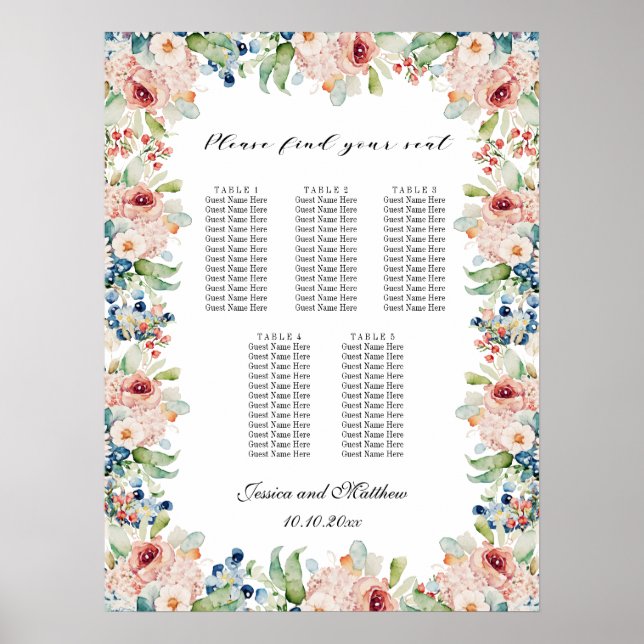Póster Floral acuarela 5 mesas Boda asiento (Frente)
