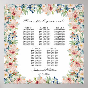 Póster Floral acuarela 5 mesas Boda asiento
